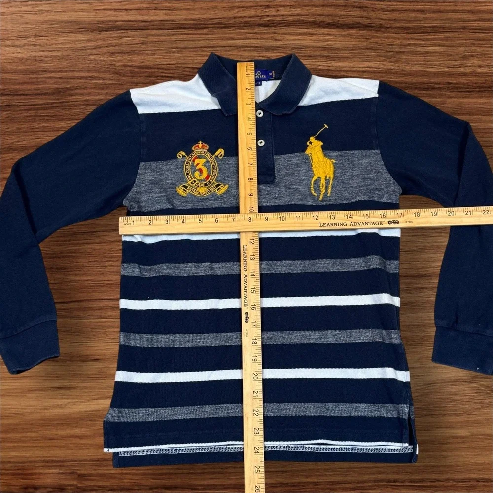 Ralph Lauren Custom Fit Long‎ Sleeve Polo Shirt Navy White Stripe Pony Crest M